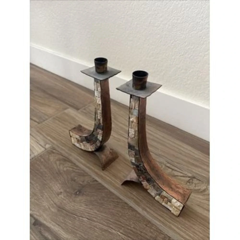Eilon‎ Mosaics MCM Hammered Copper Holy Land Stone Candlesticks Shabbat 10.5